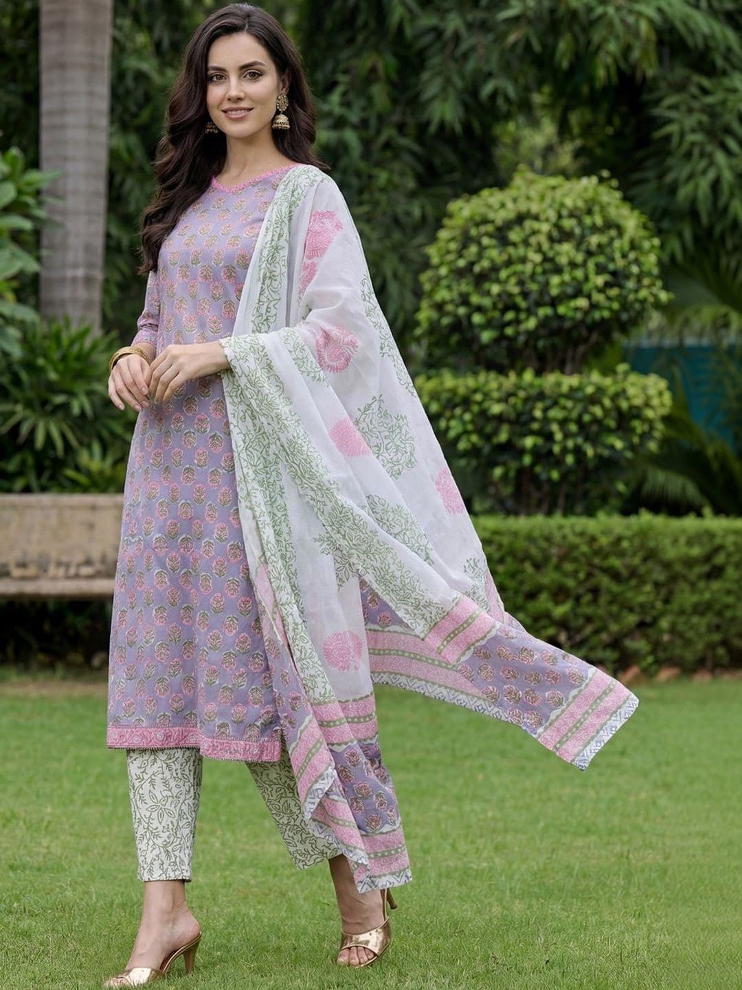 Indo Era Women Floral Printed Regular Pure Cotton Kurta with Trousers & With Dupatta - view 1
