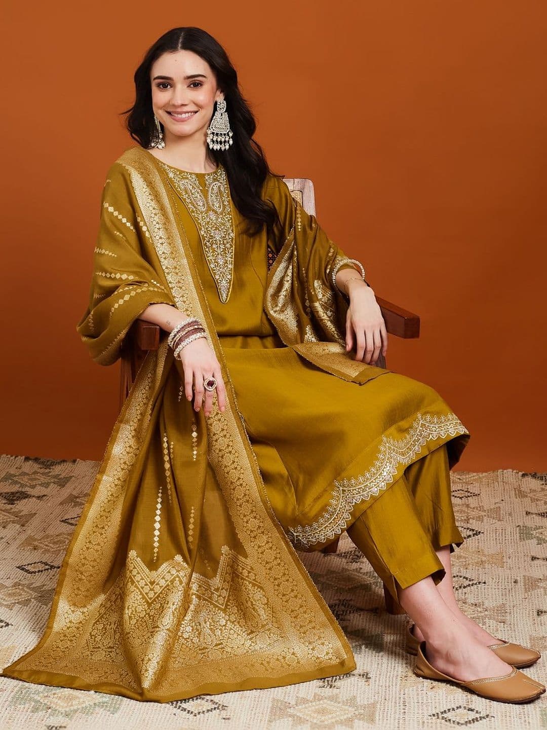 Sangria Embroidered Round Neck Kurta & Trousers With Dupatta - view 1