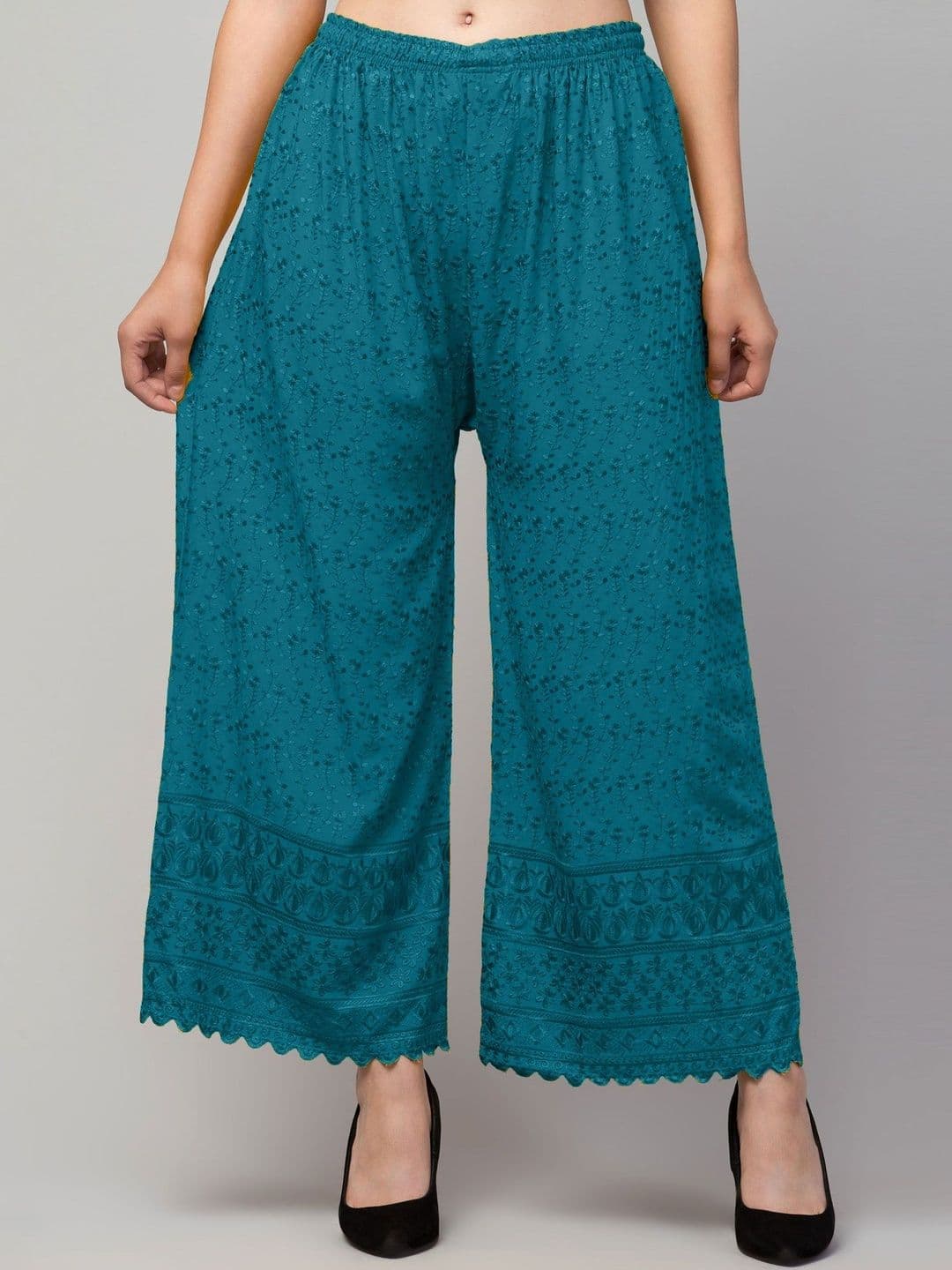 SHAUKIYA Women Floral Embroidered Flared Knitted Ethnic Palazzos - view 1