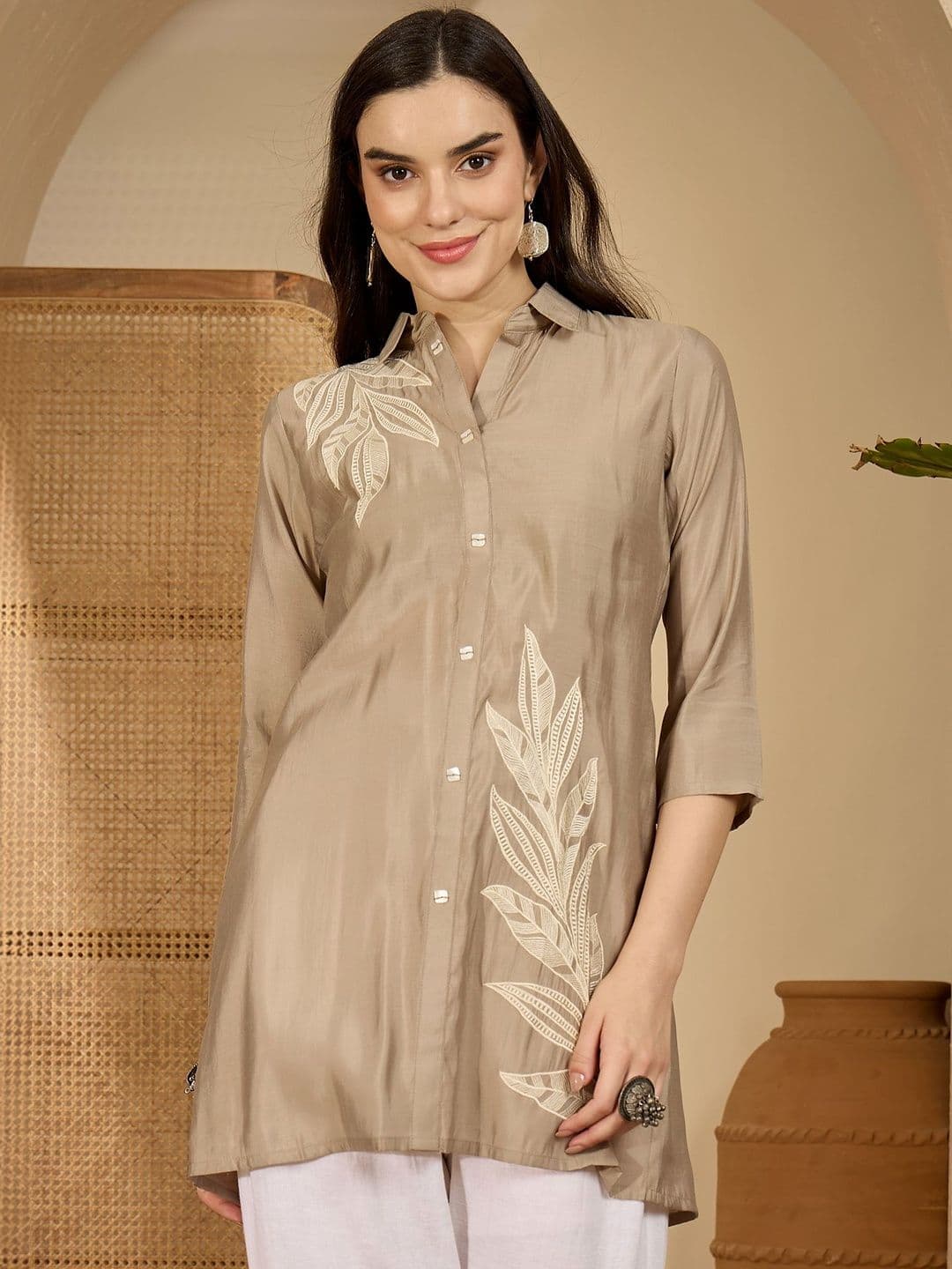 Sangria Embroidered Shirt Collar A-Line Kurtis - view 1