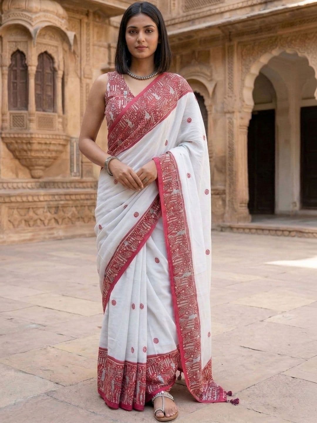 Mitera Ethnic Motifs Printed Block Print Saree With Unstitched Blouse Piece - view 1