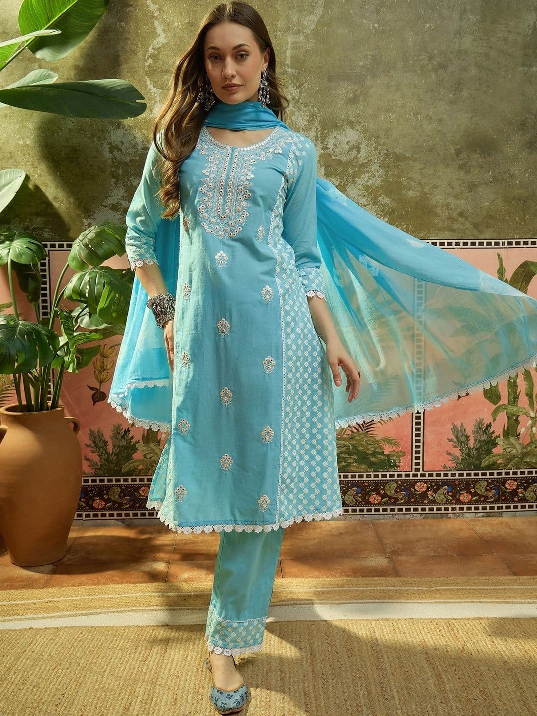 Sangria Embroidered Pure Cotton Round Neck Kurta & Palazzos With Dupatta Kurta Set - view 1
