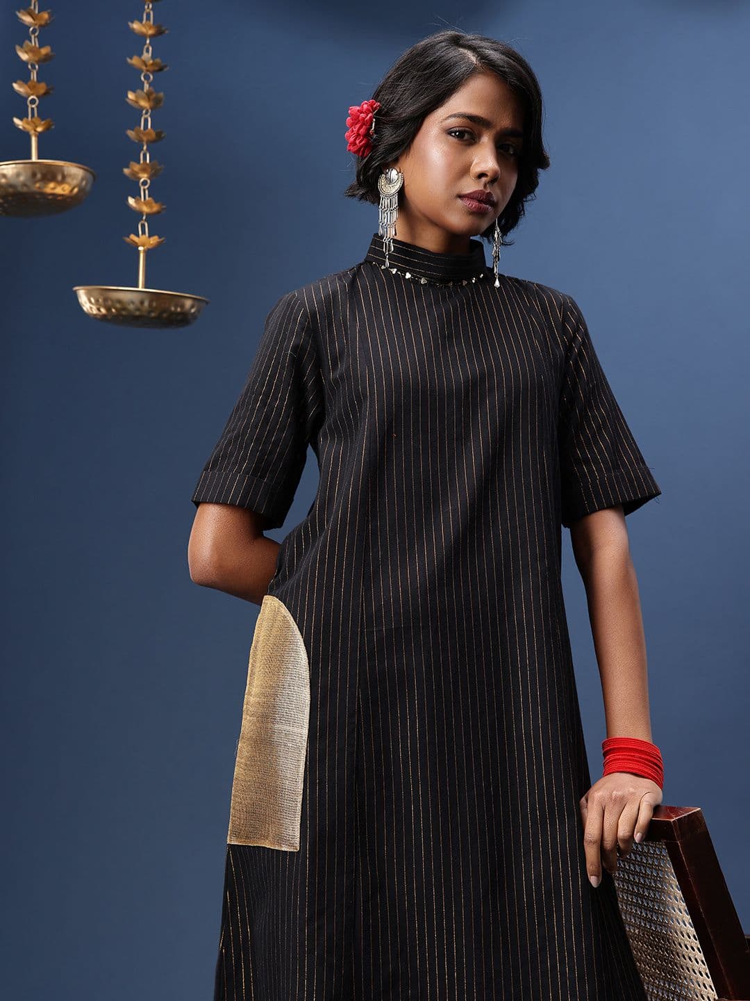 Taavi Striped High Neck Sequined Woven Festive Ethnic Dresses - view 1