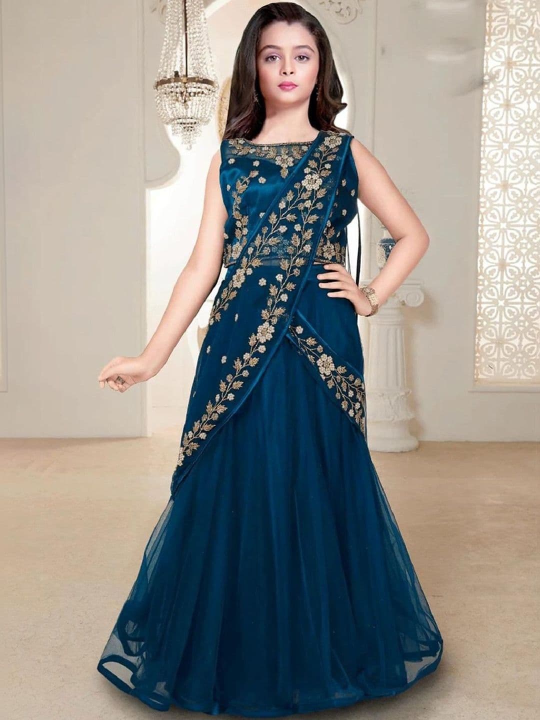 White Button Girls Embroidered Thread Work Semi-Stitched Lehenga & Blouse With Dupatta - view 1