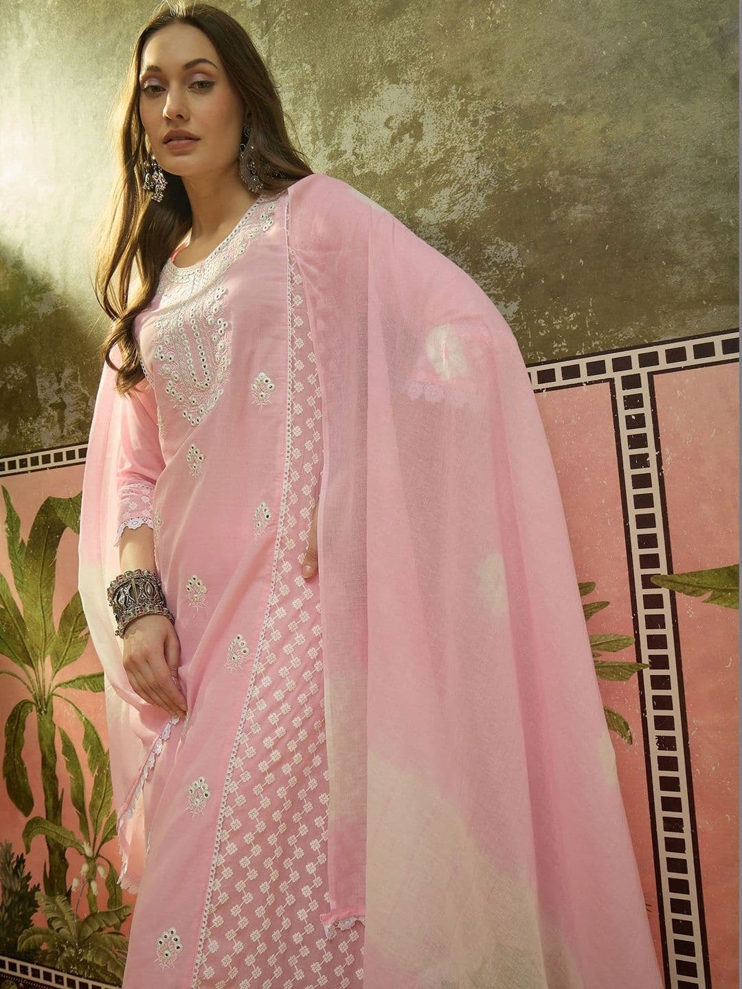 Sangria Embroidered Pure Cotton Round Neck Kurta & Palazzos With Dupatta Kurta Set - view 1