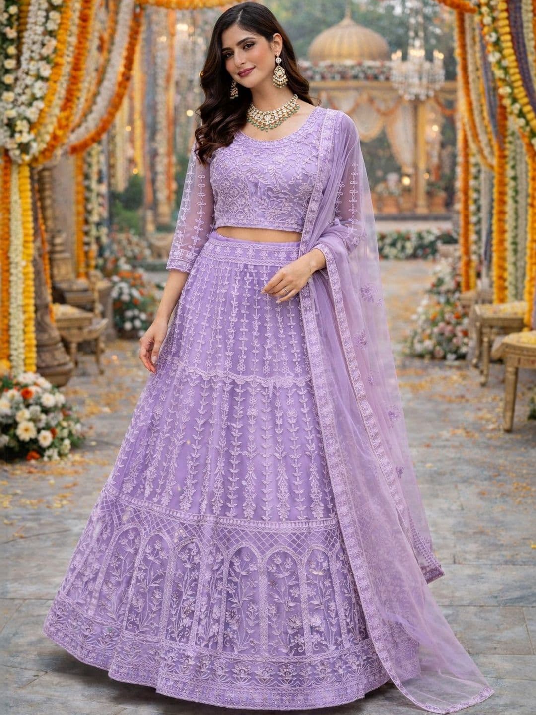 KALINI Embroidered Thread Work Semi-Stitched Lehenga & Blouse With Dupatta - view 1