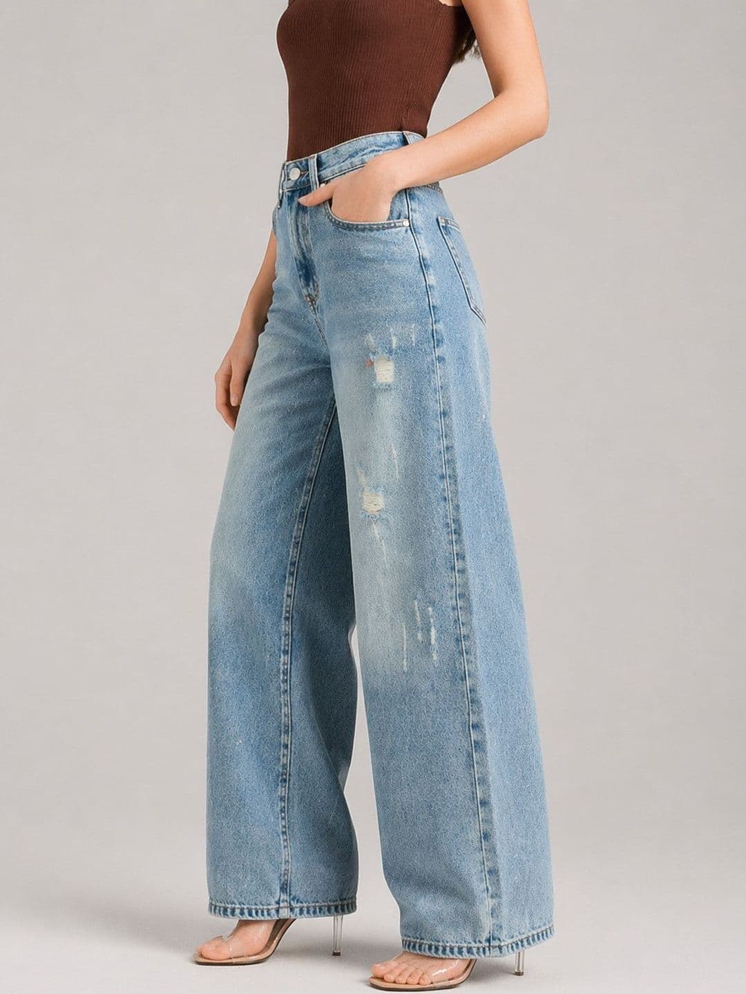 Suo Women Relaxed Fit Mid-Rise Mildly Distressed Light Fade Jeans - view 1