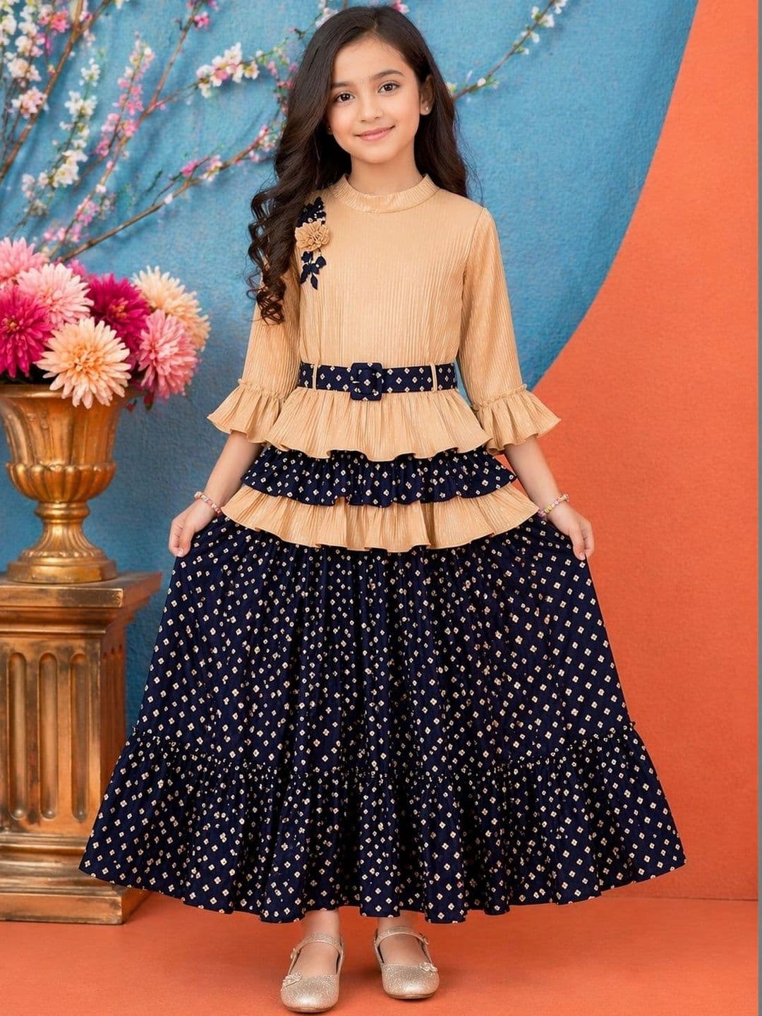 KALINI Girls Embellished Thread Work Foil Print Ready to Wear Lehenga & - view 1