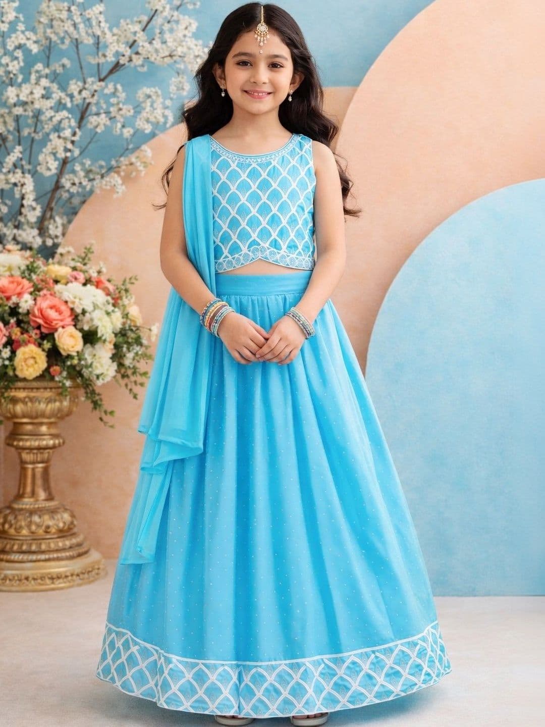 KALINI Girls Embroidered Thread Work Ready to Wear Lehenga & Blouse With Dupatta - view 1