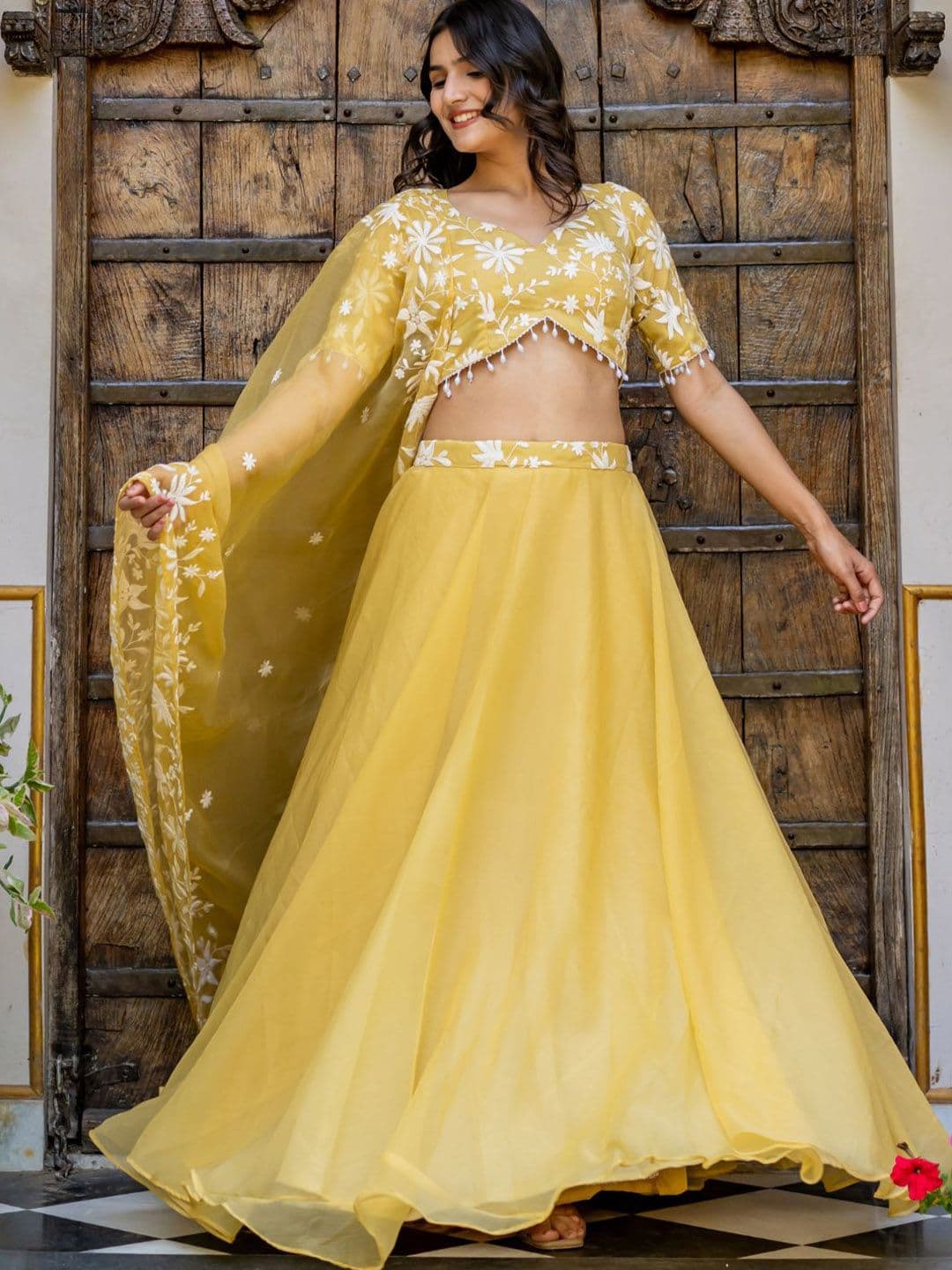 HOUSE OF JAMOTI Yellow Embroidered Ready to Wear Lehenga & Blouse With Dupatta - view 1