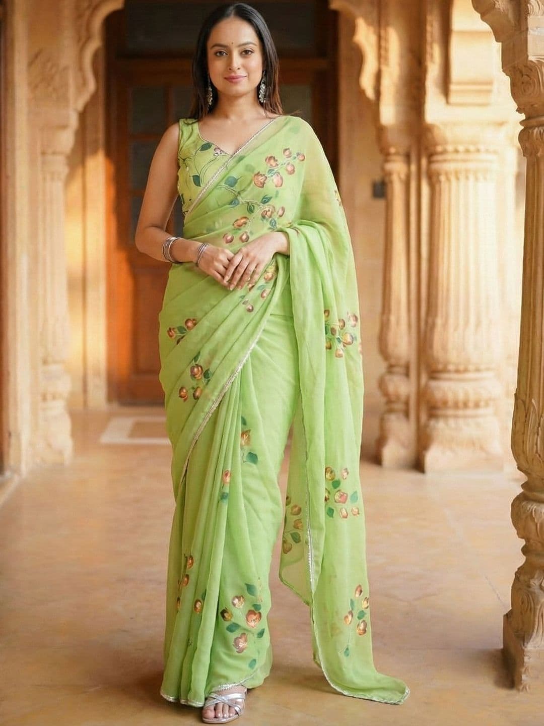 Mitera Floral Linen Blend Block Print Saree - view 1