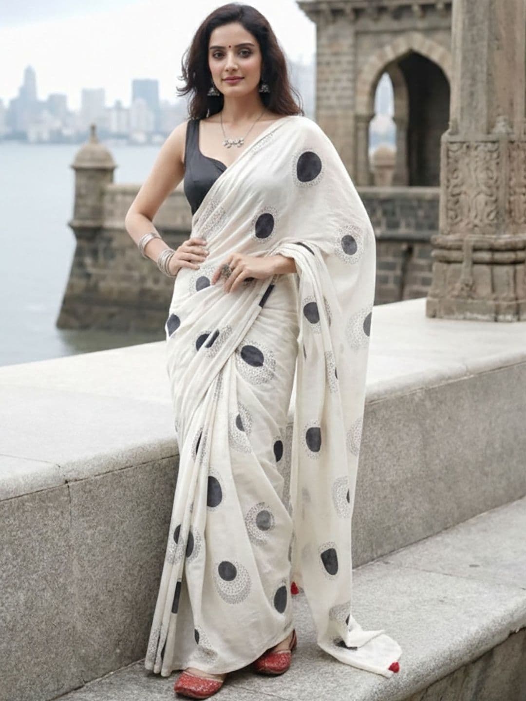 Anjaneya Sarees Polka Dot Printed Linen Blend Block Print Saree - view 1