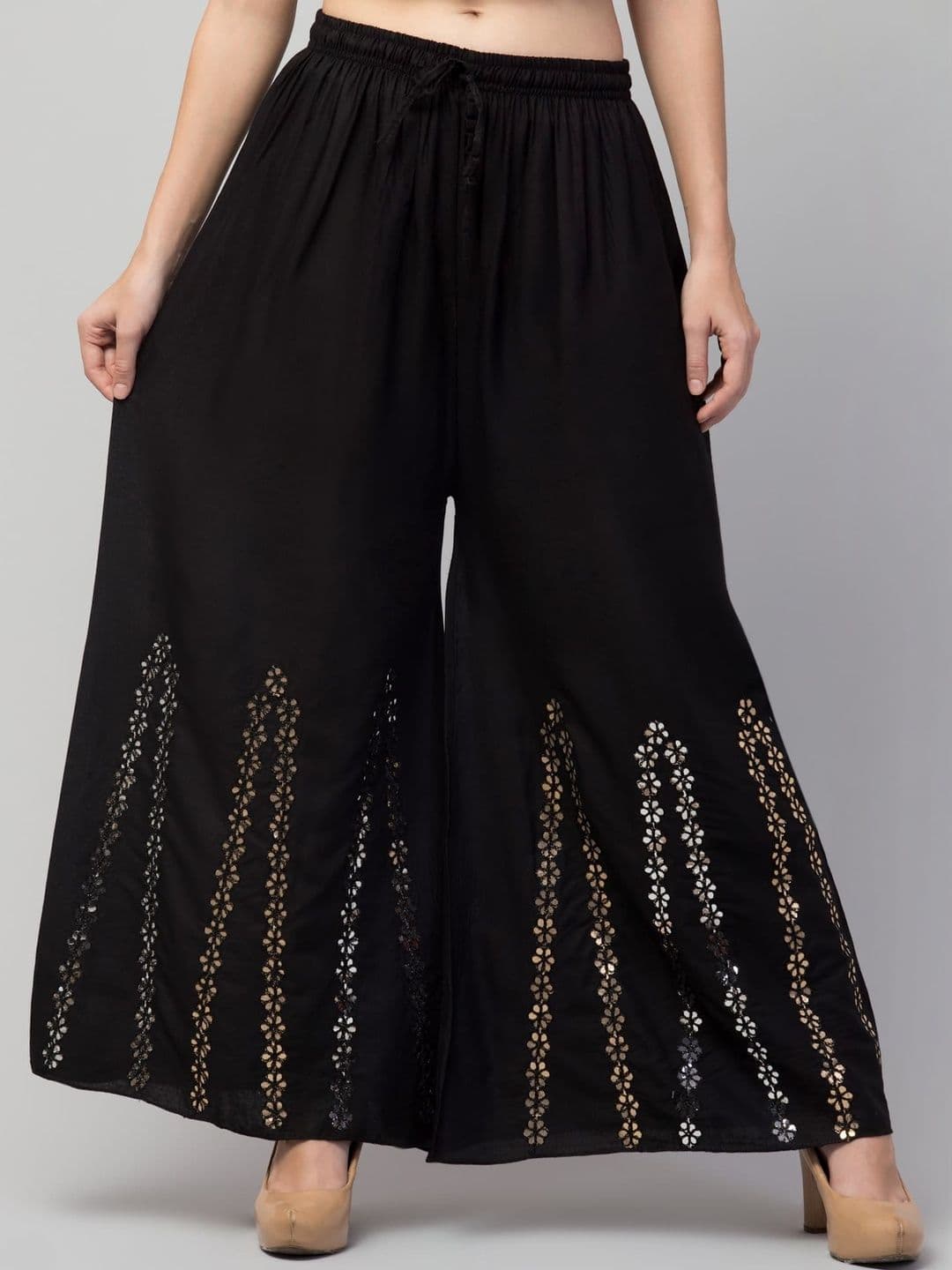 SHAUKIYA Women Floral Embellished Flared Knitted Ethnic Palazzos - view 1