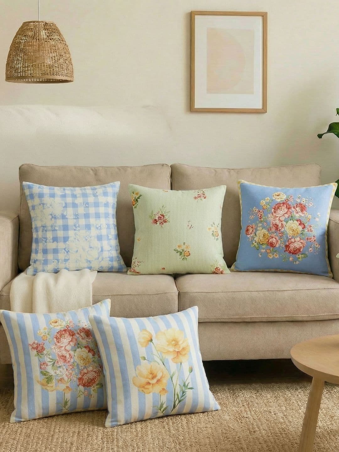 haus & kinder White & Blue Set of 5 Floral Square Cushion Covers - view 1