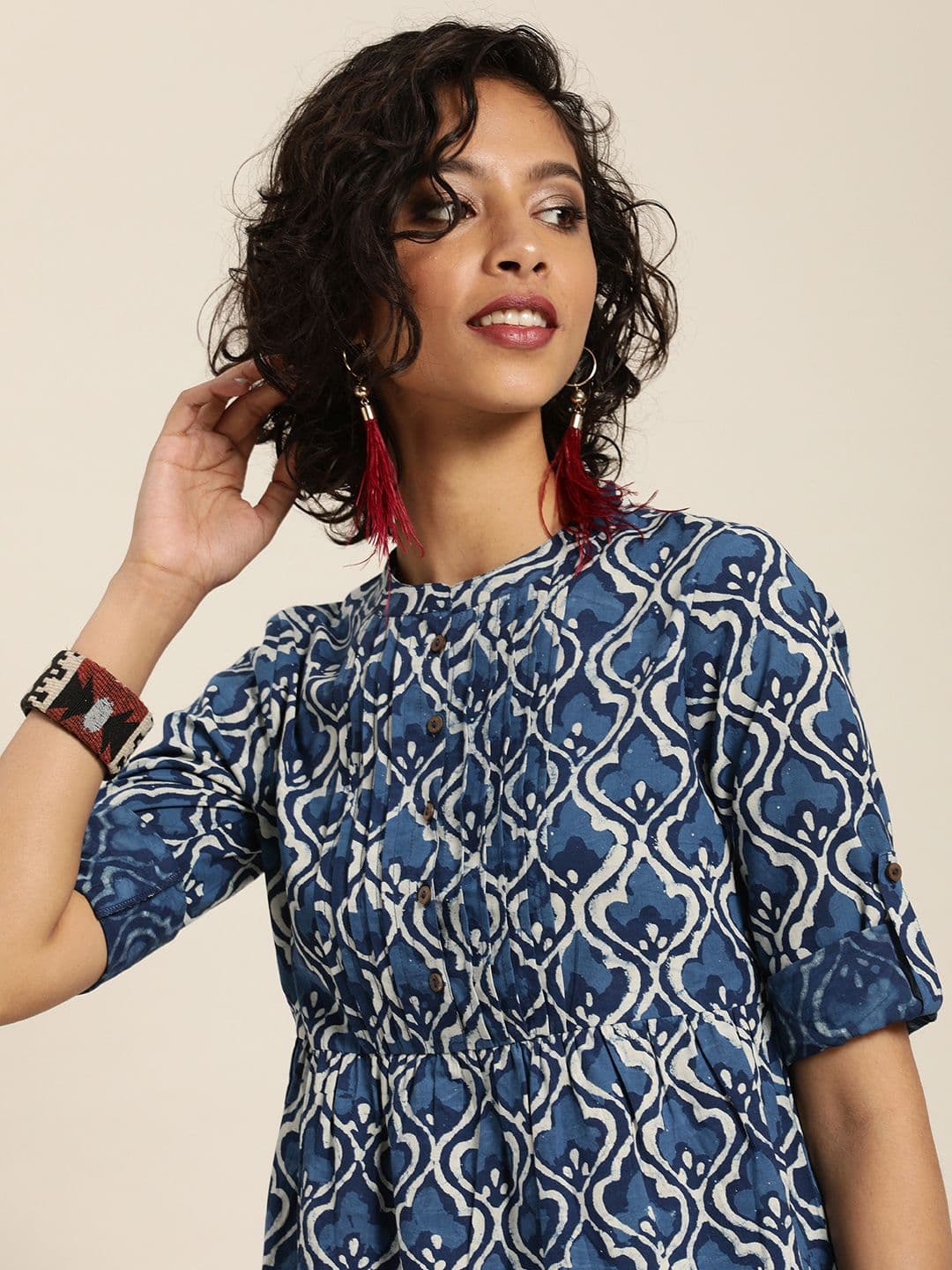 Taavi Blue & Off-White Indigo Hand Block Print A-Line Cotton Top with Pleats - view 1