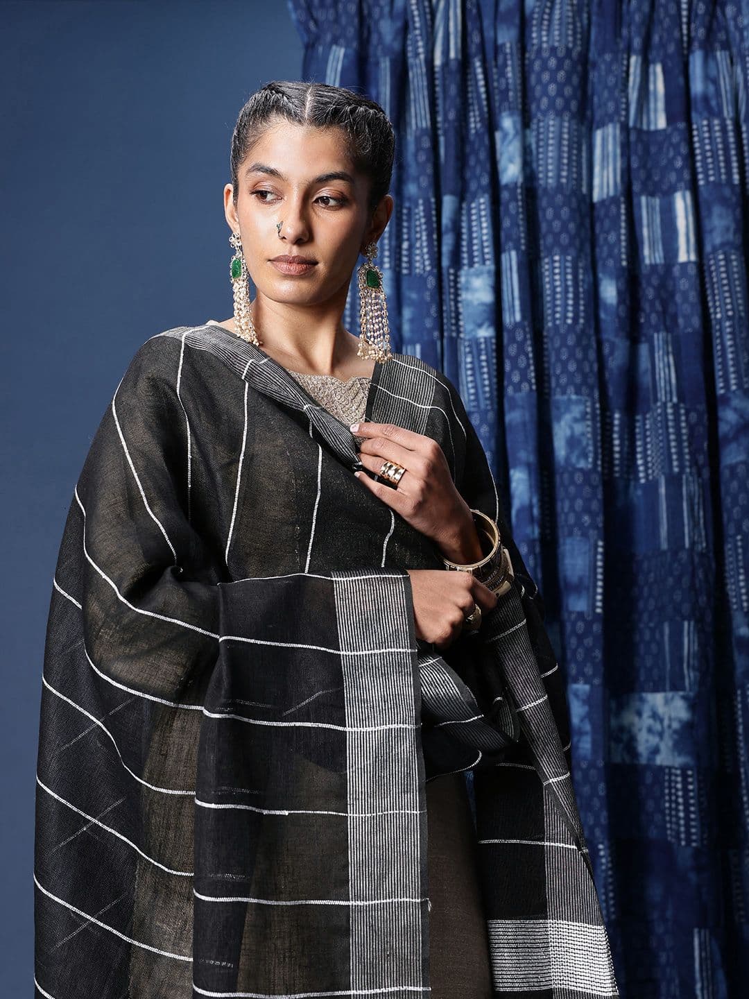 Taavi Striped Linen Dupatta with Sequined & Tasselled Details - view 1
