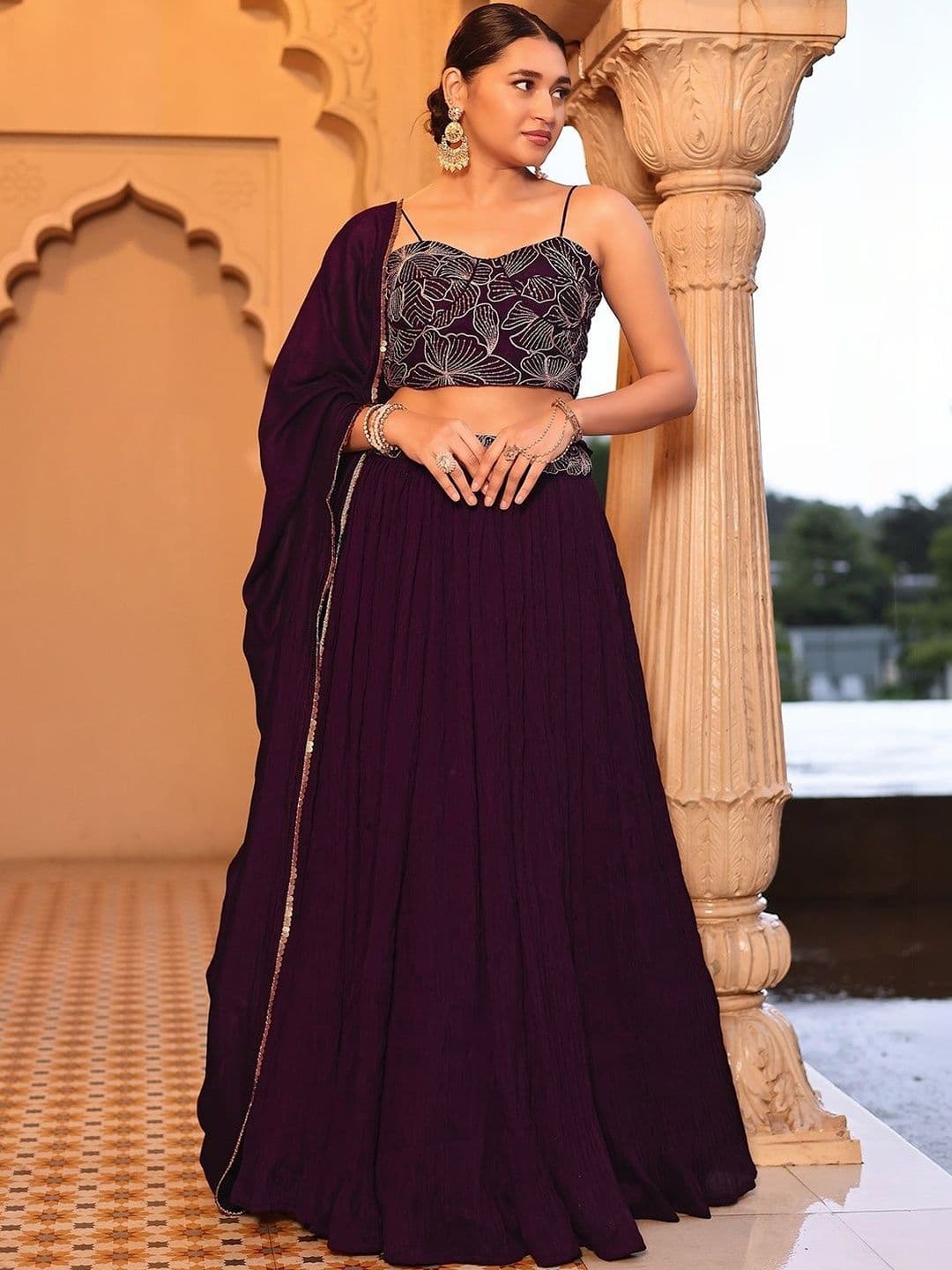 HOUSE OF PURVAJA Embroidered Sequinned Semi-Stitched Lehenga & Blouse With Dupatta - view 1