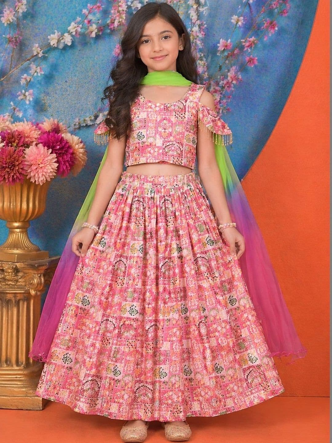 KALINI Girls Printed Beads and Stones Semi-Stitched Lehenga & Blouse With Dupatta - view 1