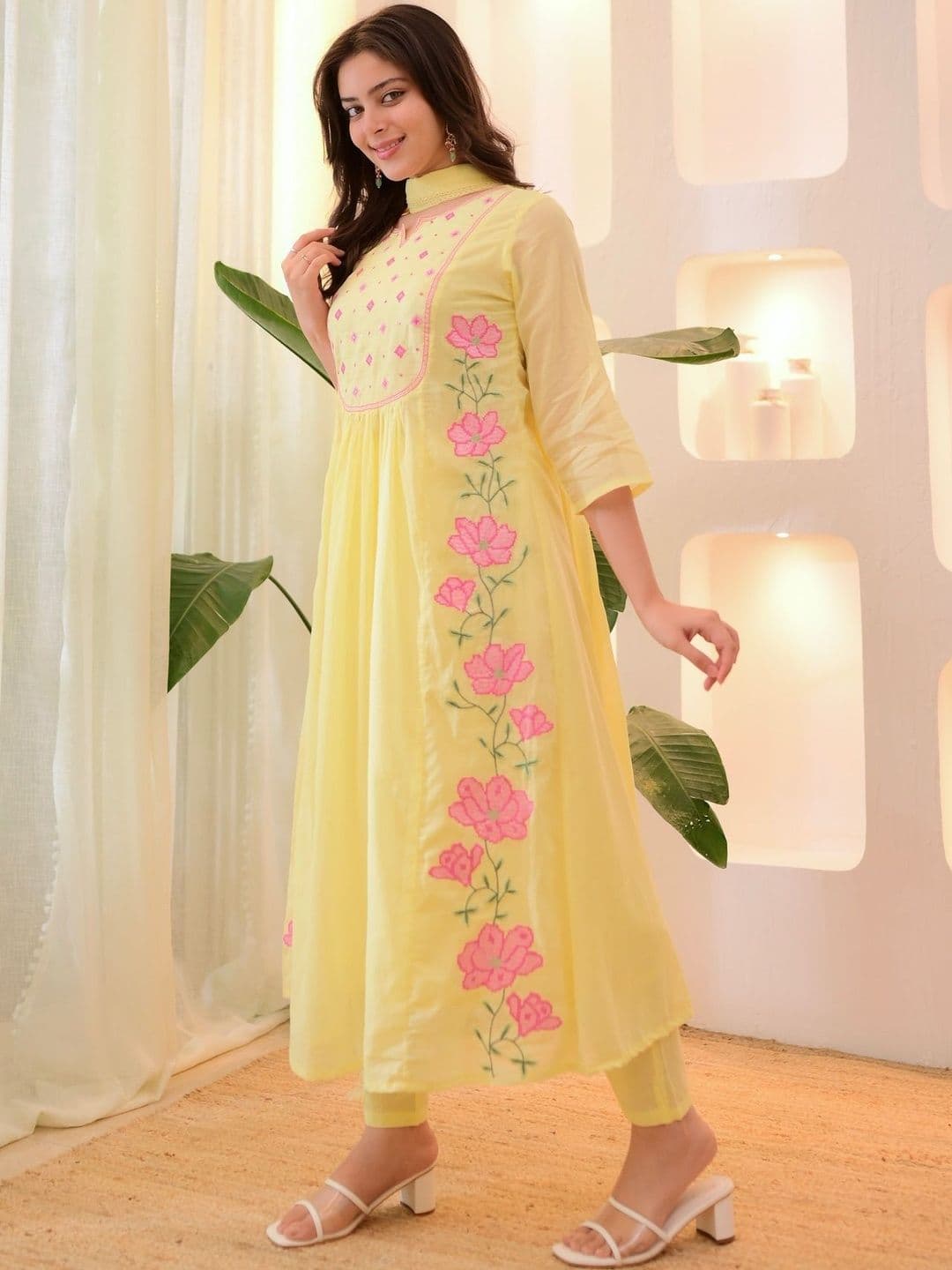 KALINI Women Floral Embroidered Panelled Thread Work Kurta with Trousers & With Dupatta - view 1