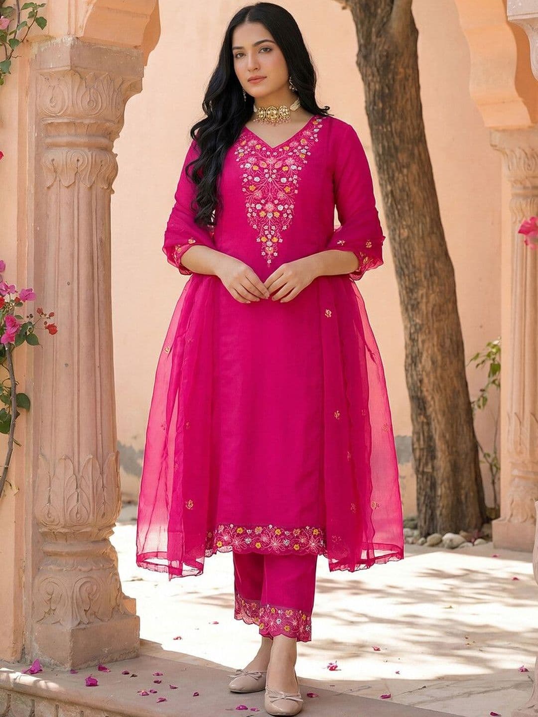 SKYLEE Women Ethnic Motifs Embroidered Regular Thread Work Kurta with Trousers & With Dupatta - view 1