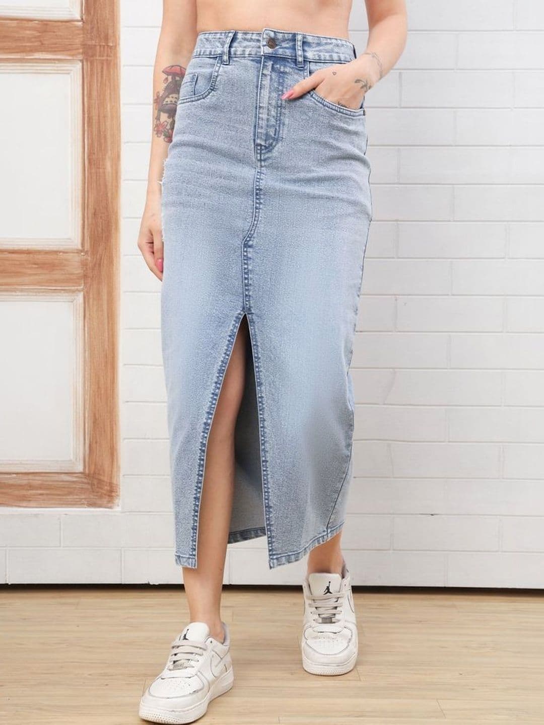 PUELLA Women Denim Front Slit Midi Straight Skirt - view 1