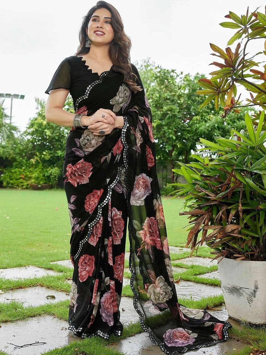 all about you Floral Sequinned Poly Georgette Designer Saree - view 1