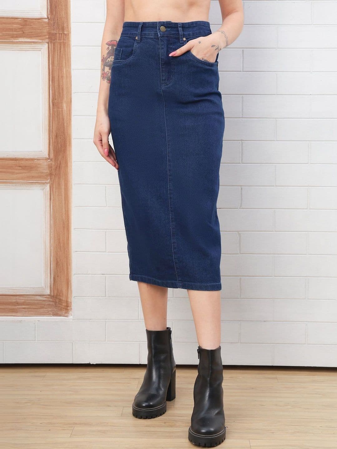 PUELLA Women Denim Back Slit Midi Straight Skirt - view 1