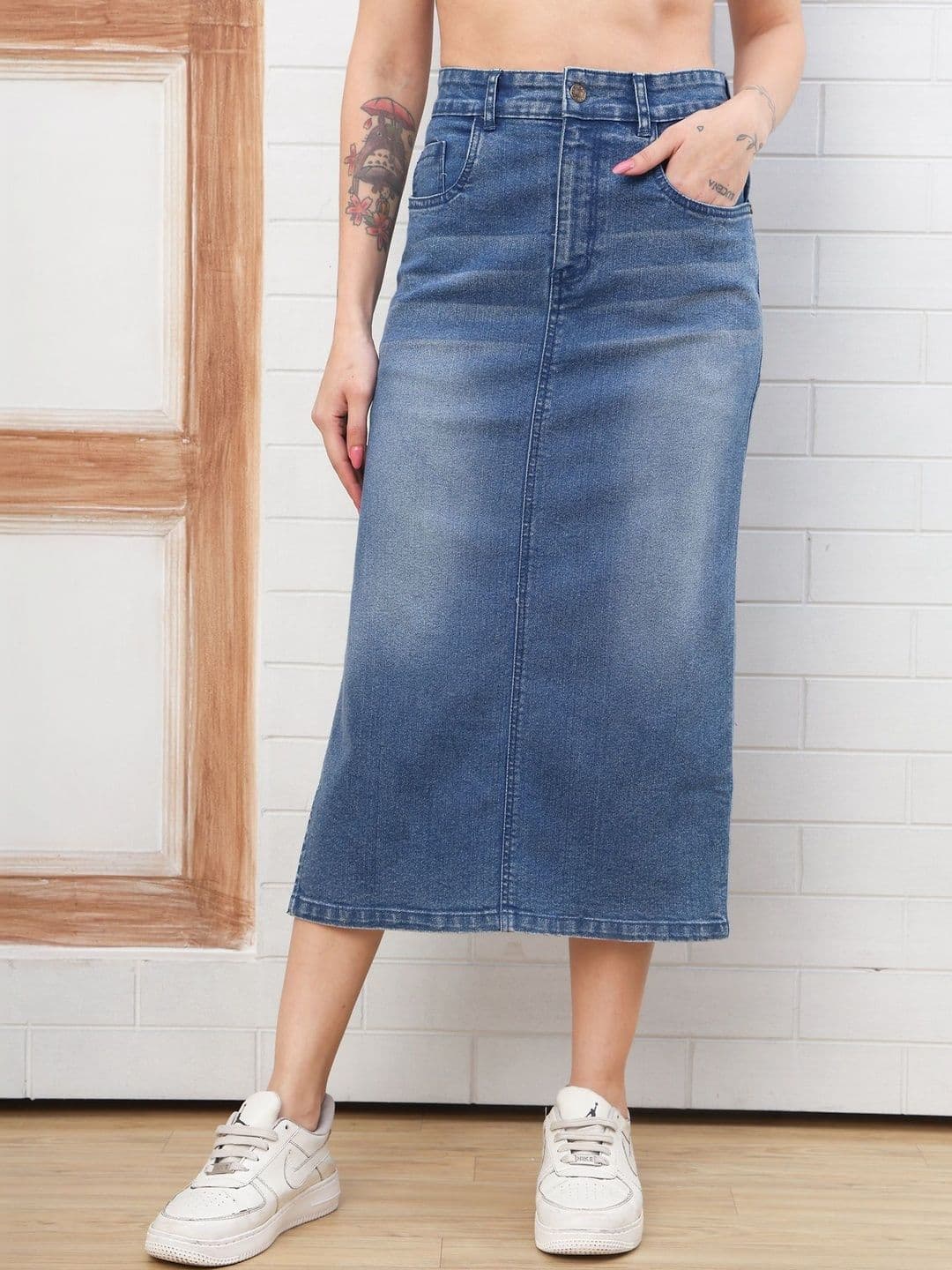 PUELLA Women Denim Side Slit Midi Straight Skirt - view 1