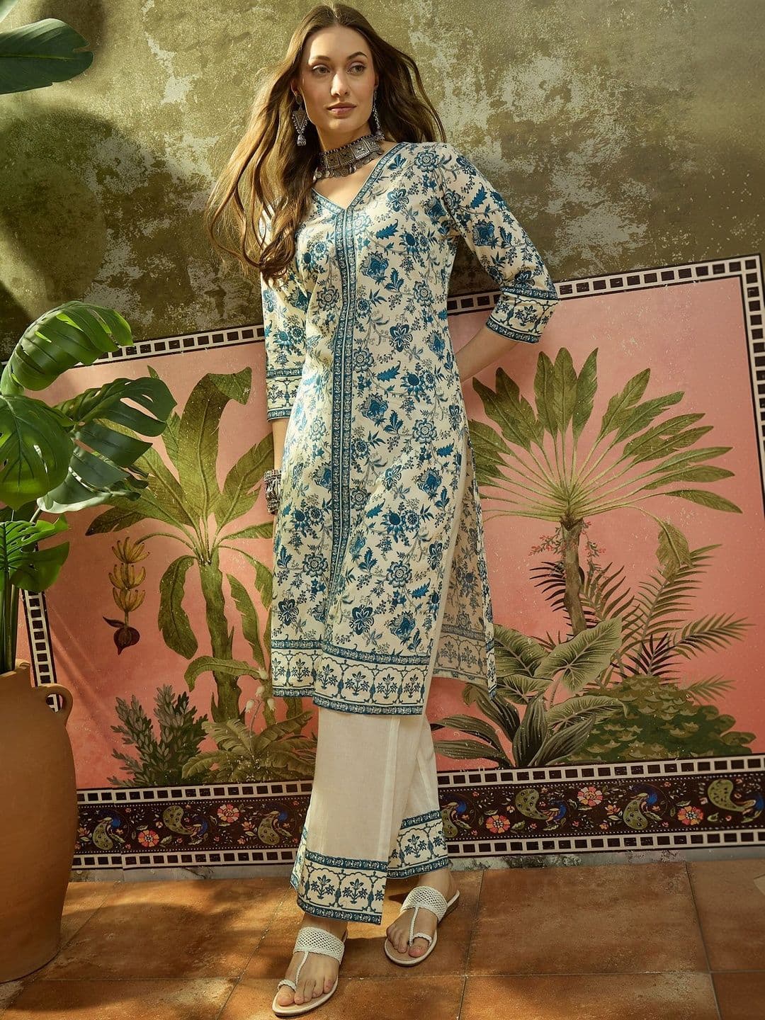 Sangria Floral Printed Pure Cotton V-Neck Straight Kurta With Trousers - view 1