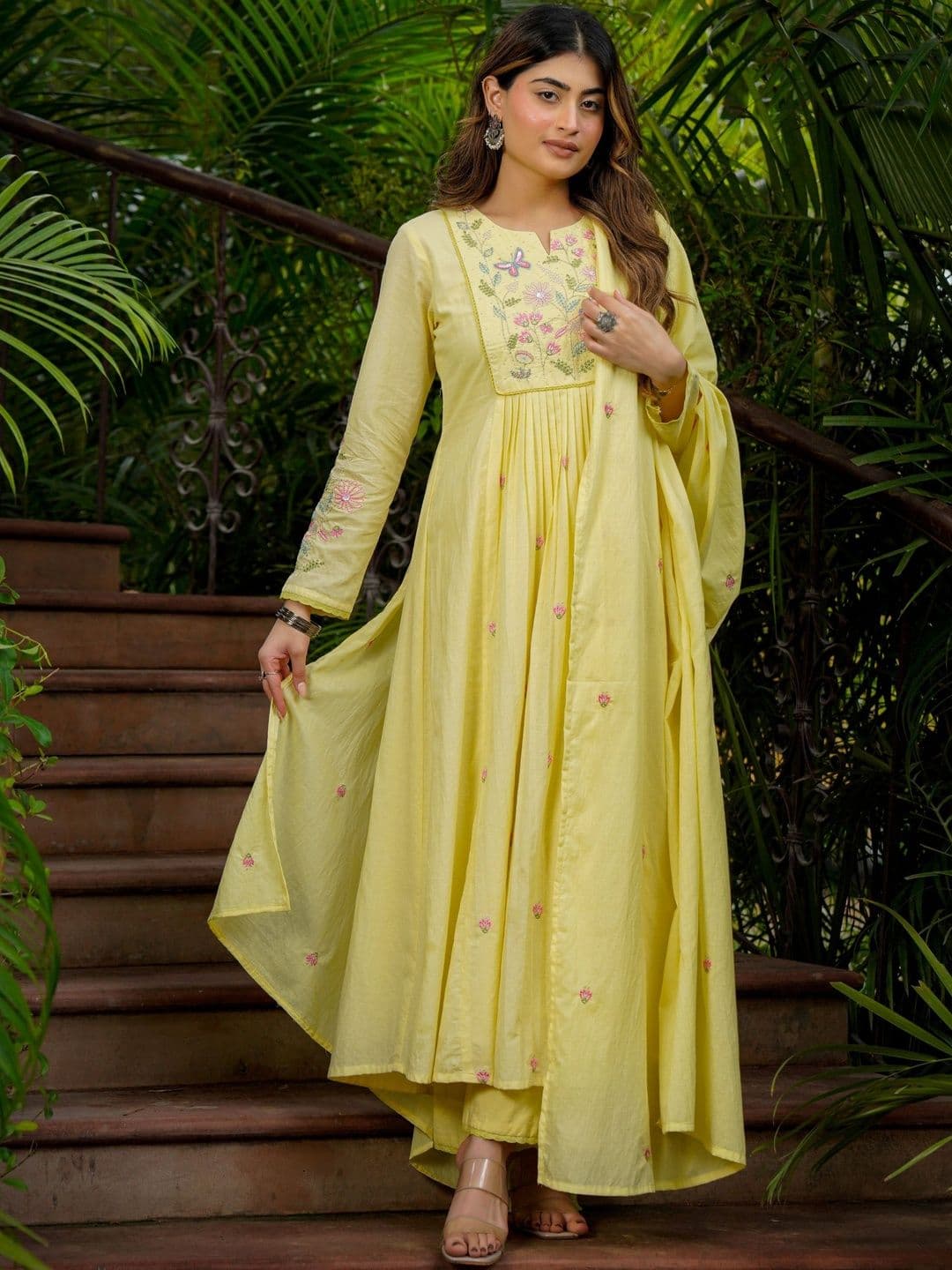 all about you Women Floral Embroidered Tiered Thread Work Chanderi Silk Kurta with Trousers & With Dupatta - view 1