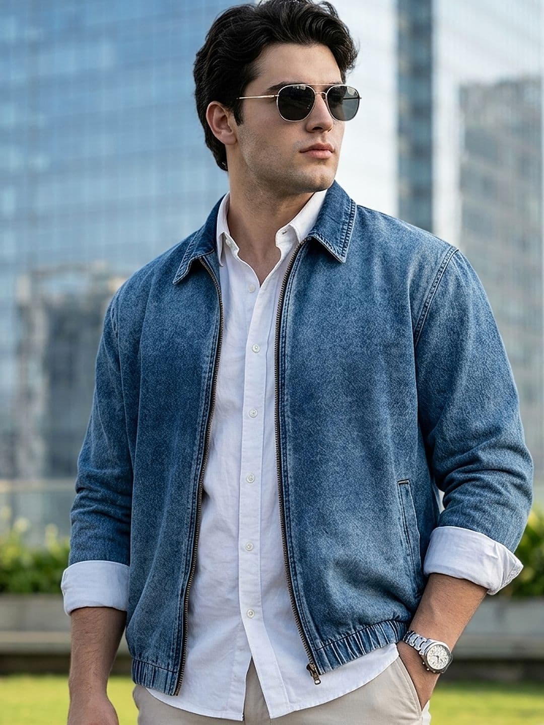 Urbano Plus Men Plus Size Washed Relaxed Fit Harrington Denim Jacket - view 1