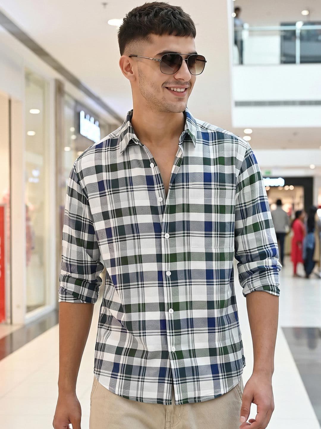 Bewakoof Men's White & Green Checked Shirt - view 1