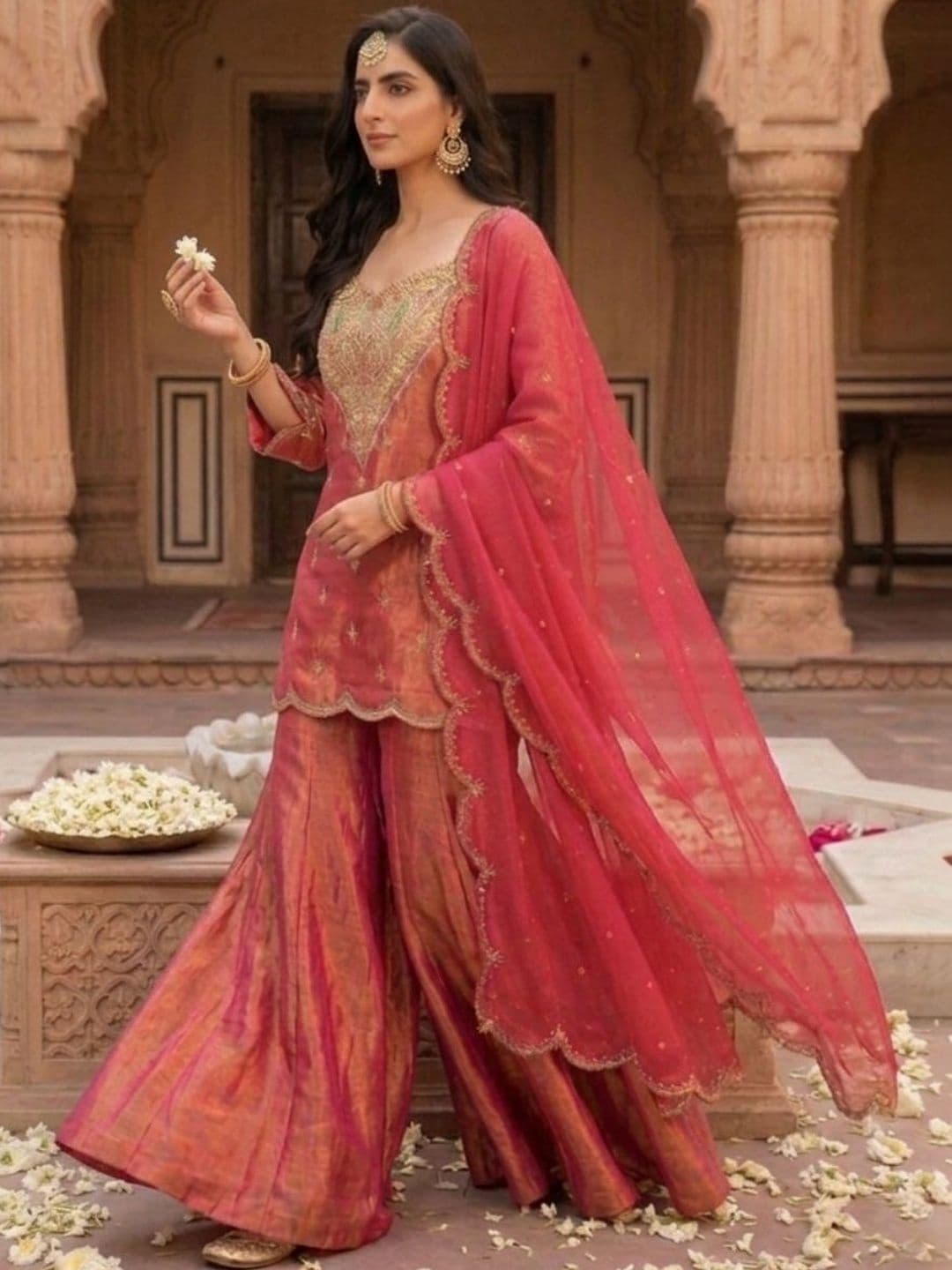 PREMNAD Women Embroidered Regular Silk Chiffon Kurta with Palazzos & With Dupatta - view 1