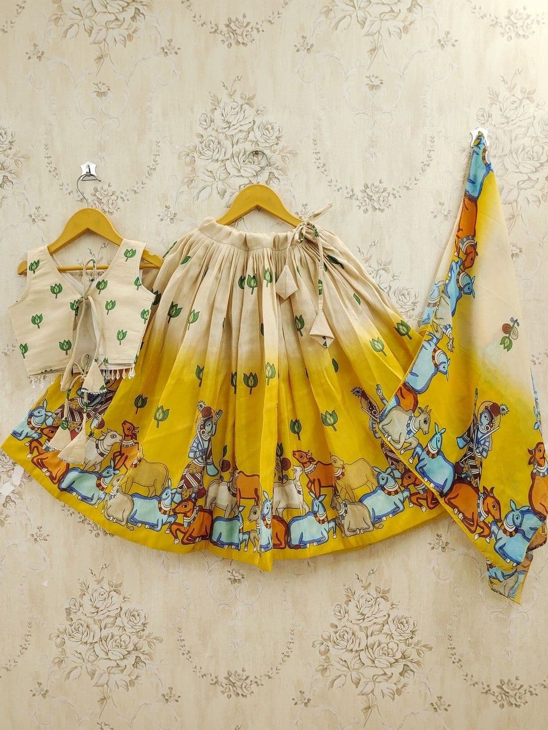 SHUBHVILAS DESIGN Girls Printed Beads and Stones Kalamkari Ready to Wear Lehenga & Blouse With Dupatta - view 1