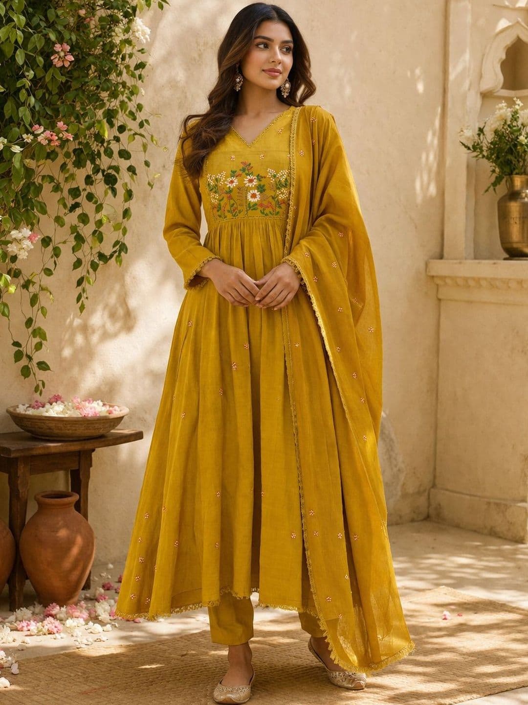 KALINI Women Floral Embroidered Regular Sequinned Chanderi Cotton Kurta with Trousers & With Dupatta - view 1
