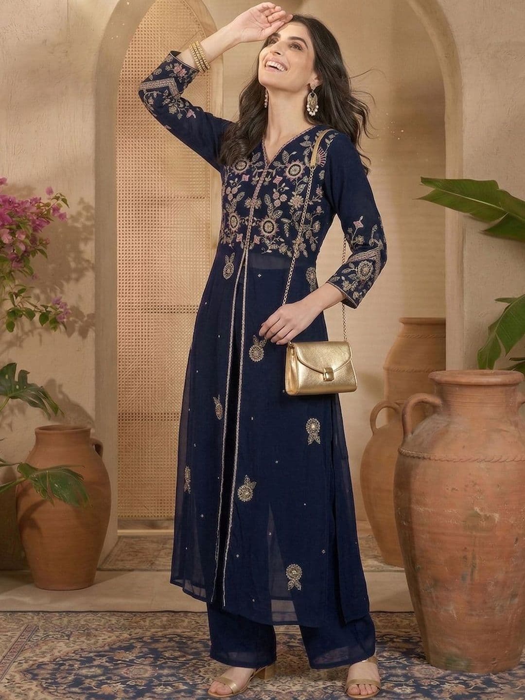 Sangria Embroidered V-Neck Kurta & Palazzos With Dupatta - view 1