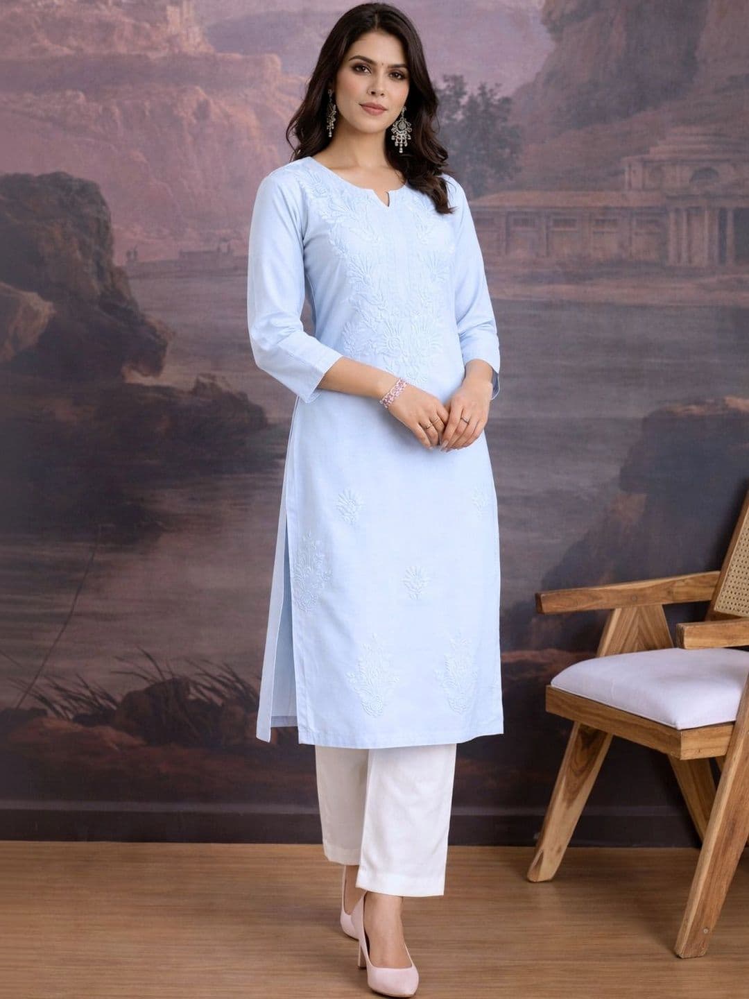 House of Pataudi Embroidered Round Neck Knee Length Straight Kurtas - view 1