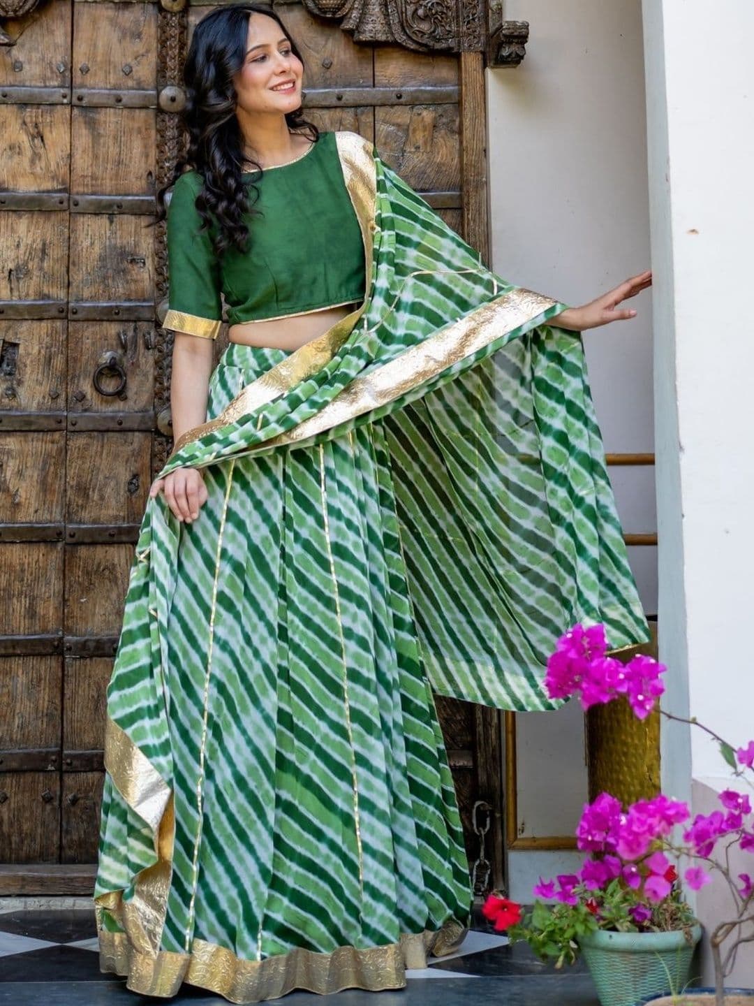 HOUSE OF JAMOTI Green Embellished Ready to Wear Lehenga & Blouse With Dupatta - view 1