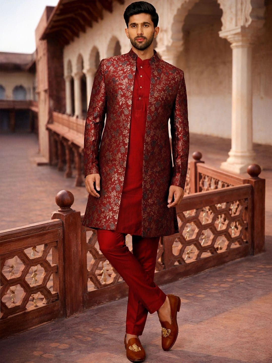 VASTRAMAY Brocade Mandarin Collar Sherwani