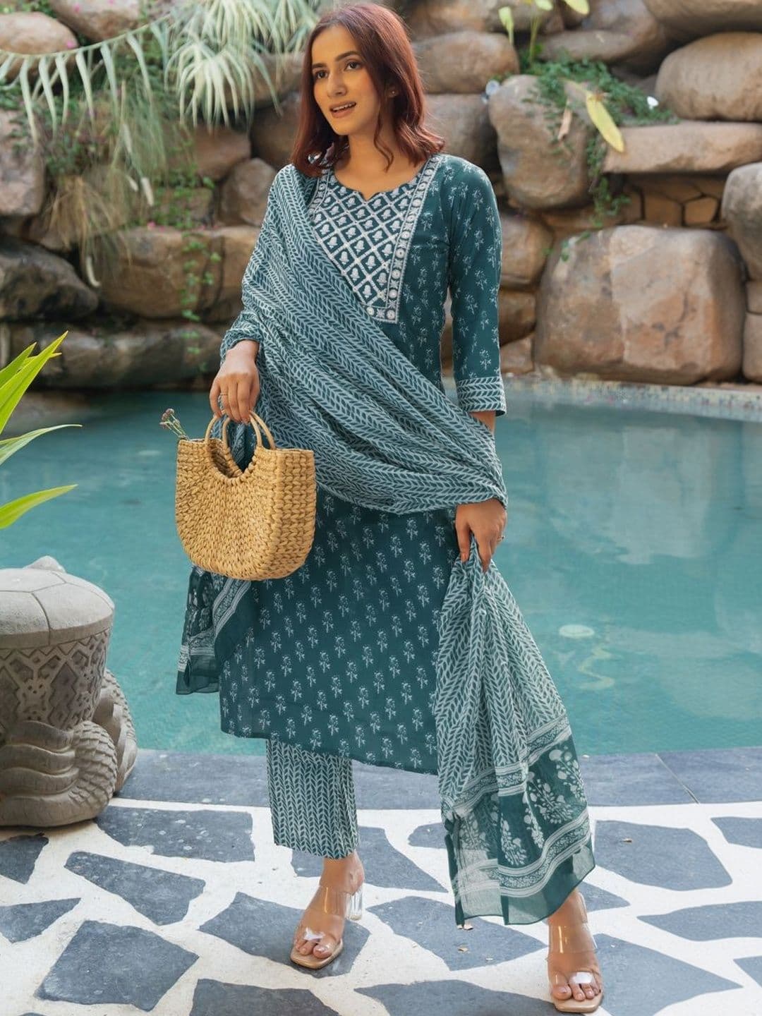 KALINI Women Floral Printed Regular Mirror Work Pure Cotton Kurta with Trousers & With Dupatta - view 1