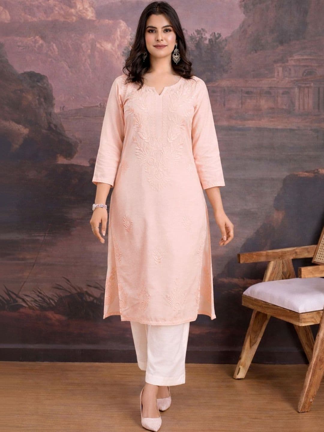 House of Pataudi Embroidered Round Neck Knee Length Straight Kurtas - view 1