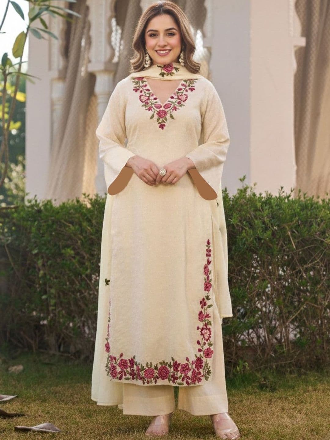 GoSriKi Women Floral Embroidered Regular Thread Work Kurta with Palazzos & With Dupatta - view 1