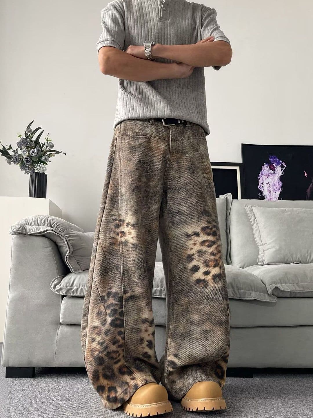 ANDREW HILL Men Wide Leg Mid-Rise Light Fade Printed Jeans - view 1