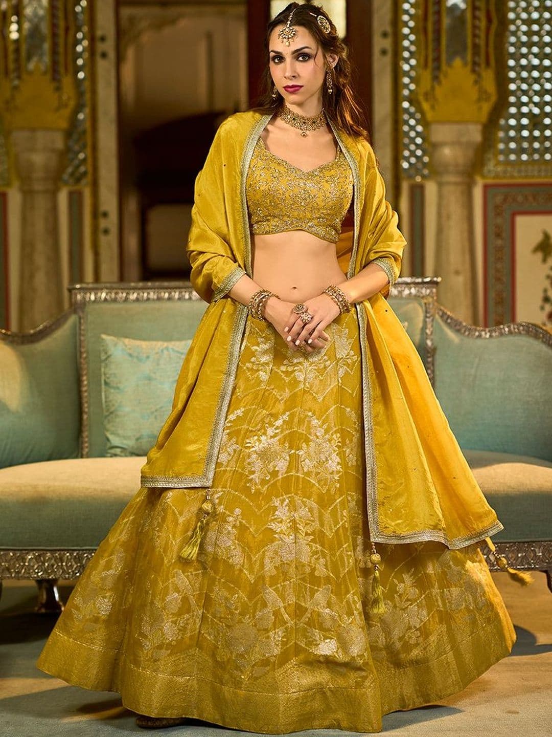 House of Pataudi Ready to Wear Embroidered V-Neck Flared Lehenga & Blouse With Dupatta - view 1