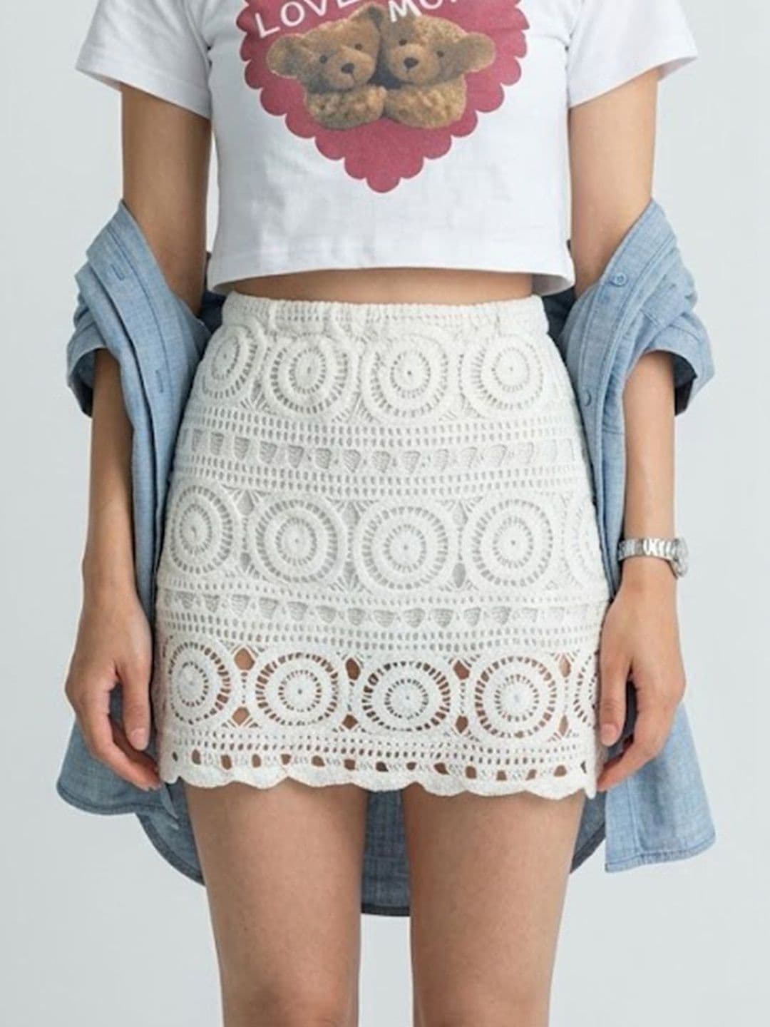 StyleCast x Revolte Women Lace Self Design Crochet Mini Straight Skirt - view 1