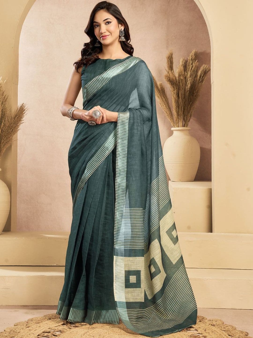 Sangria Teal Linen Ready To Wear Saree With Printed Design - view 1