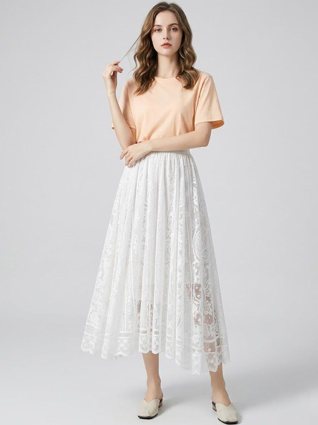StyleCast x Revolte Women Lace Self Design Lace Frills Bows and Ruffles Midi A-Line Skirt - view 1