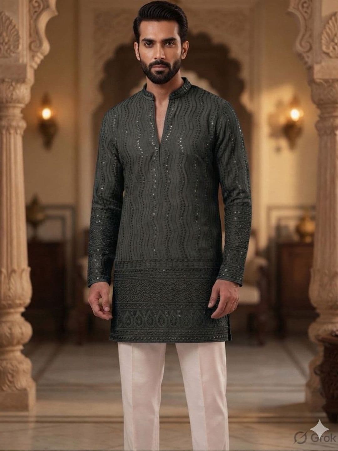 INDIROOP Men Ethnic Motifs Embroidered Sequinned Kurta - view 1
