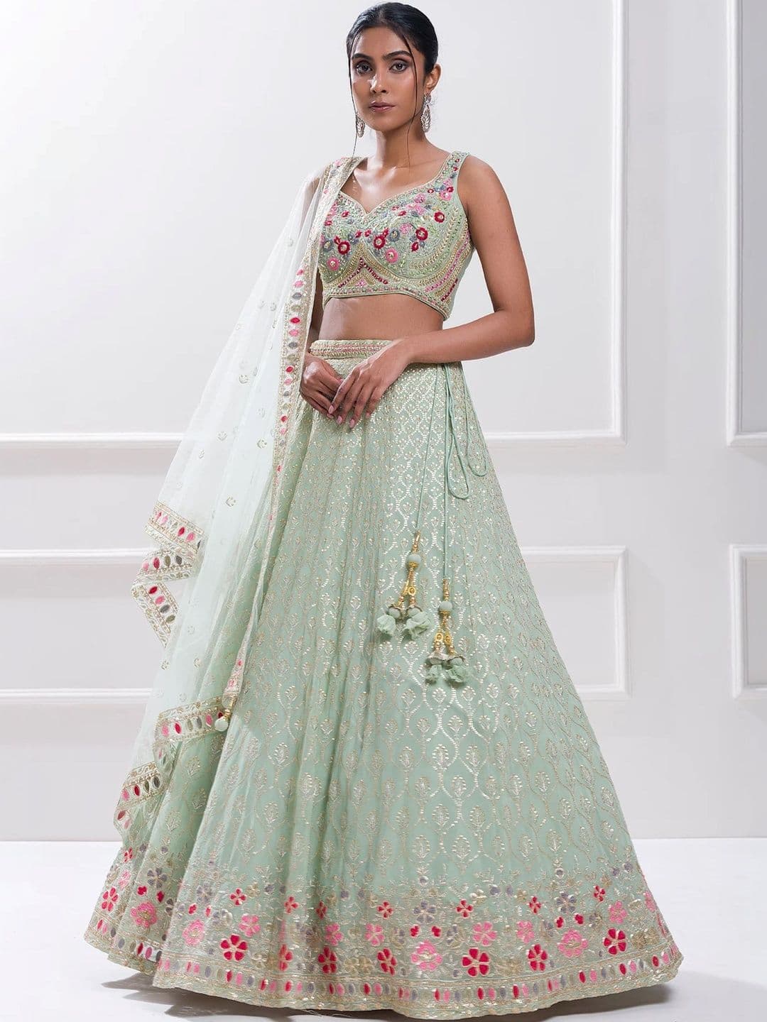 JIHU CULTURE Embellished Thread Work Semi-Stitched Lehenga & Blouse With Dupatta - view 1