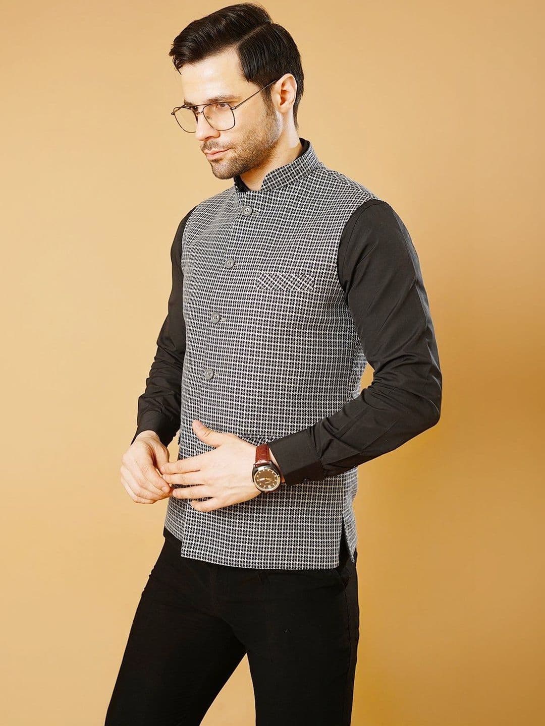 Wintage Checked Mandarin Collar Nehru Jackets - view 1